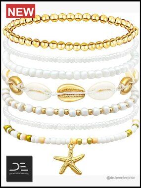 Handmade Bohemian Seashell Bracelets Set with Starfish Charms - Waterproof